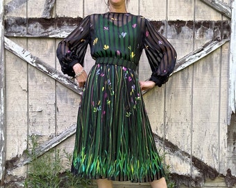 Late 1970s Silk Chiffon Floral Print Dress, XS/S