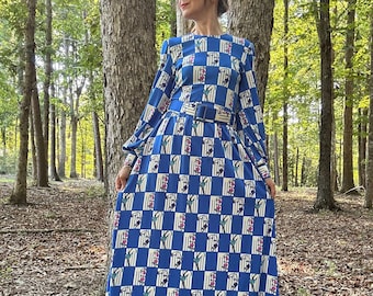 1970s Hanae Mori Ban-Lon For Vivid Blue Belted Maxi Dress