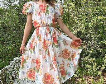 1940s Cotton Floral Print Dress, XS/S