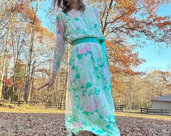 Late 1970s Gentilesse Green Silk Chiffon Floral Dress