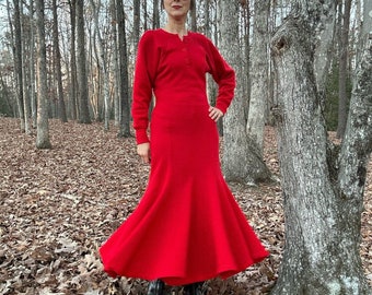 1980s Norma Kamali Red Fleece Sweatshirt Dress