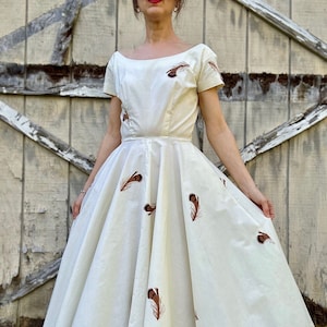 1950s Anne Fogarty Cotton Feather Print Dress, XS/S