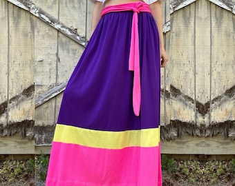 1970s Rainbow Colorblocked Poly Knit Maxi, M/L