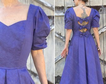 Early 1990s Laura Ashley Purple Cotton Damask Bow Back Dress