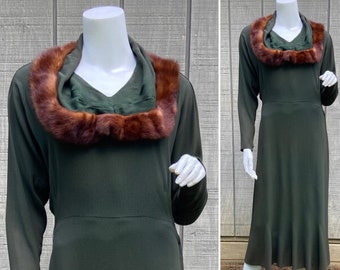 1930s Dark Green Rayon Mink Trimmed Dress, M/L