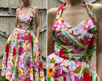 1980s Tropical Floral Print Cotton Sateen Halter Dress Rimini NOS