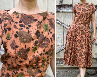 1960s Earthtone Cotton Floral Dress