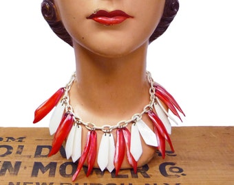 1930s Red and White Mother of Pearl Necklace on Celluloid Chain