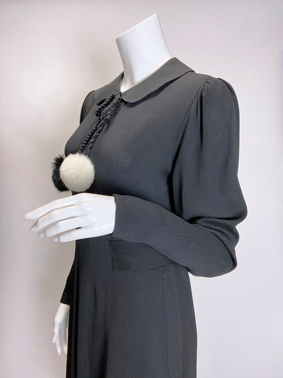 1930s Black Rayon Dress with Fur Pom Poms - image 6