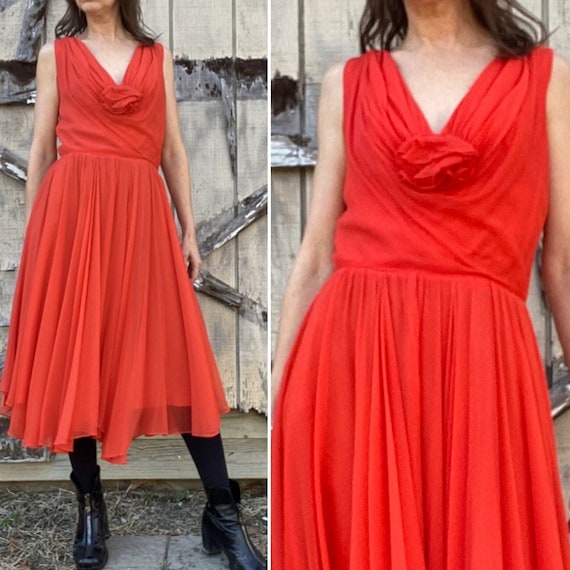 1970s Miss Elliette Red Chiffon Dress, Medium - image 1