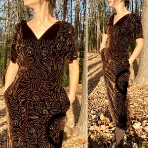 1950s Terry-Allen Chocolate Brown Velvet Dress Swirling Soutache and Beading