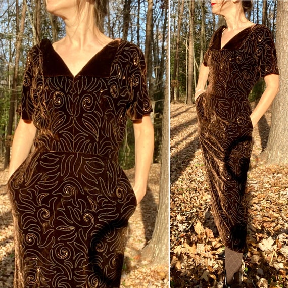 1950s Terry-Allen Chocolate Brown Velvet Dress Sw… - image 1