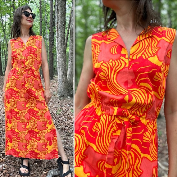 1960s Tropical Op Art Print Dress, XS/S - image 1