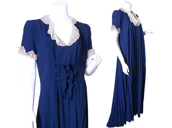 Early 1940s Blue Rayon Dress or Negligee with Lace