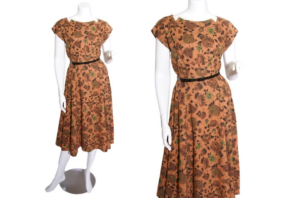 1960s Earthtone Cotton Floral Dress