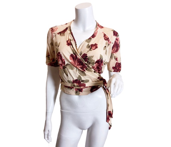 1940s Floral Rayon Jersey Wrap Top, Medium