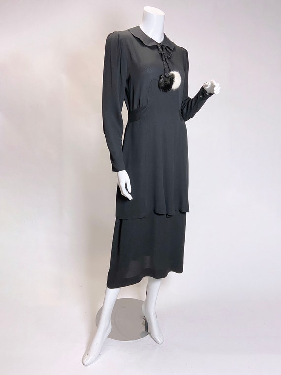 1930s Black Rayon Dress with Fur Pom Poms - image 4