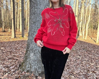 1980s E Mambrini Embellished Red Mohair Dolman Sweater