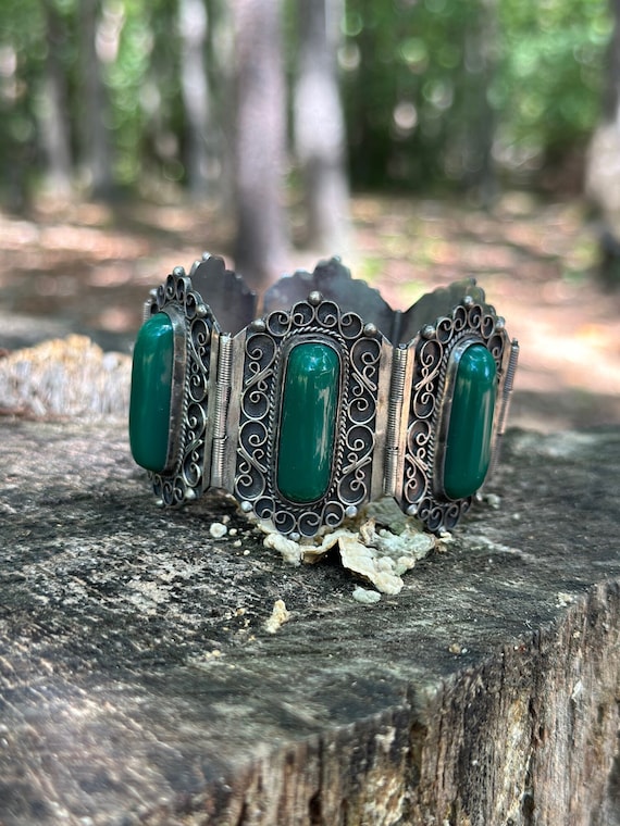 1950s Mexican Silver and Green Onyx Bracelet