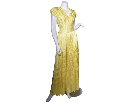 1940s Yellow Satin Damask Dress