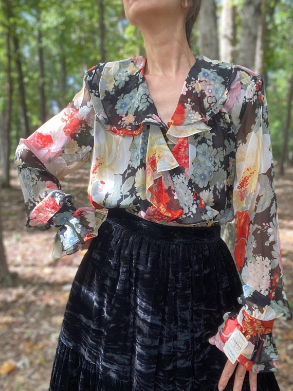 1980s Jerri Sherman Silk Chiffon Dark Floral Wrap… - image 3