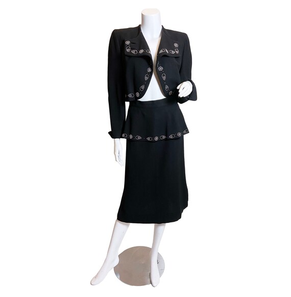 1940s Black Wool Crepe Nailhead Studded Peplum Sui