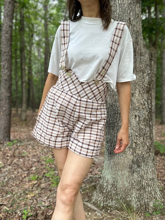 1960s to 1970s Plaid High Rise Shortalls, Small