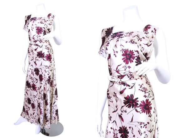 1930s Floral Print Silk Charmeuse Bias Cut Dress