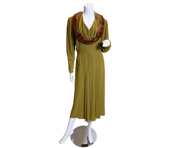 1930s Green Rayon Mink Trimmed Dress