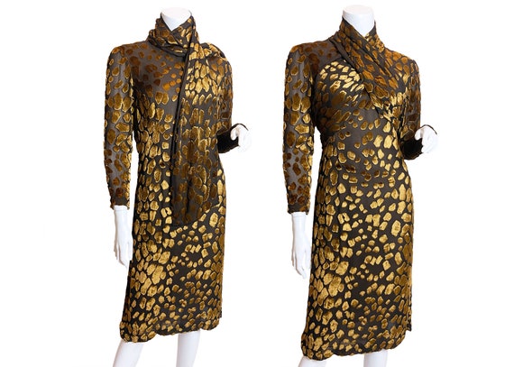1980s Pauline Trigere Devore Velvet Scarf Dress