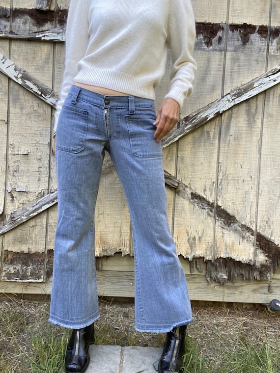 1960s/70s Low Rise Patch Front Flare Jeans, 26/27 - image 1