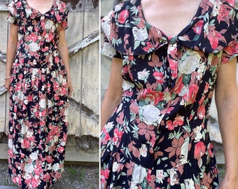 1990s Laura Ashley Dark Floral Print Dress