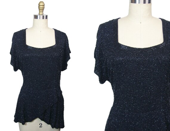 1940s Black Rayon Beaded Peplum Blouse Large