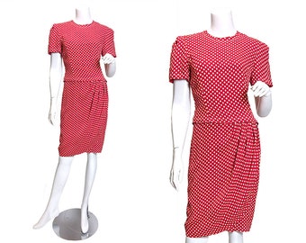 1980s Albert Nipon Red and EcruPolka Dot Dress