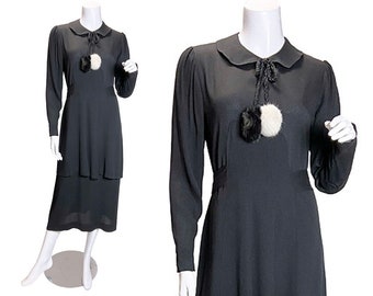 1930s Black Rayon Dress with Fur Pom Poms