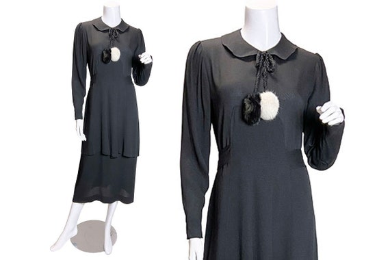 1930s Black Rayon Dress with Fur Pom Poms - image 1