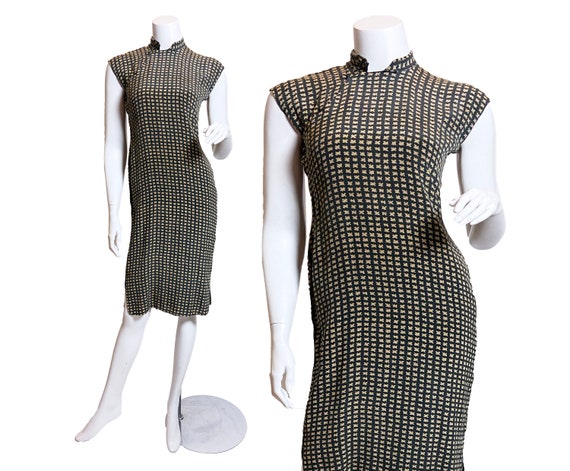 1940s Silk Herringbone Print Qipao Cheongsam