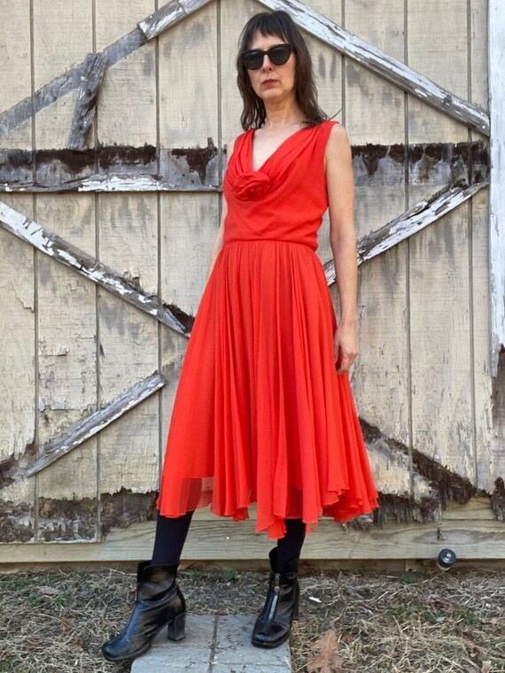 1970s Miss Elliette Red Chiffon Dress, Medium - image 2
