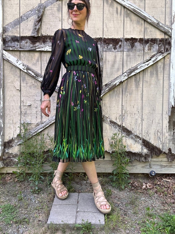 Late 1970s Silk Chiffon Floral Print Dress, XS/S - image 5