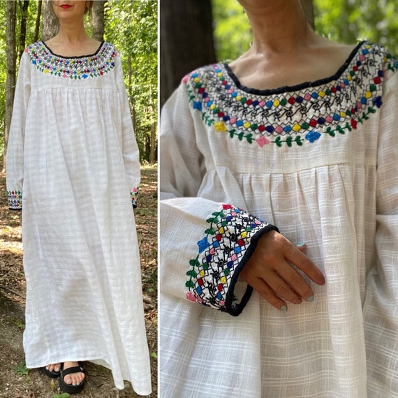 1970s Hand Embroidered Cheesecloth Maxi, Large - image 1