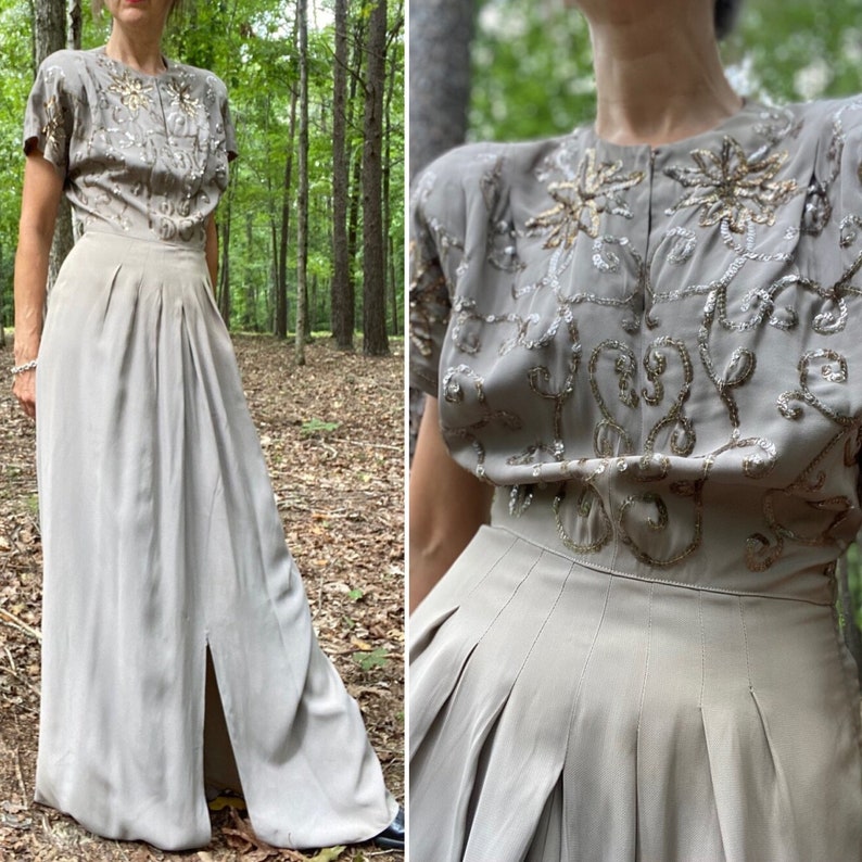 1940s Silk DuBarry Parrot Print Gown