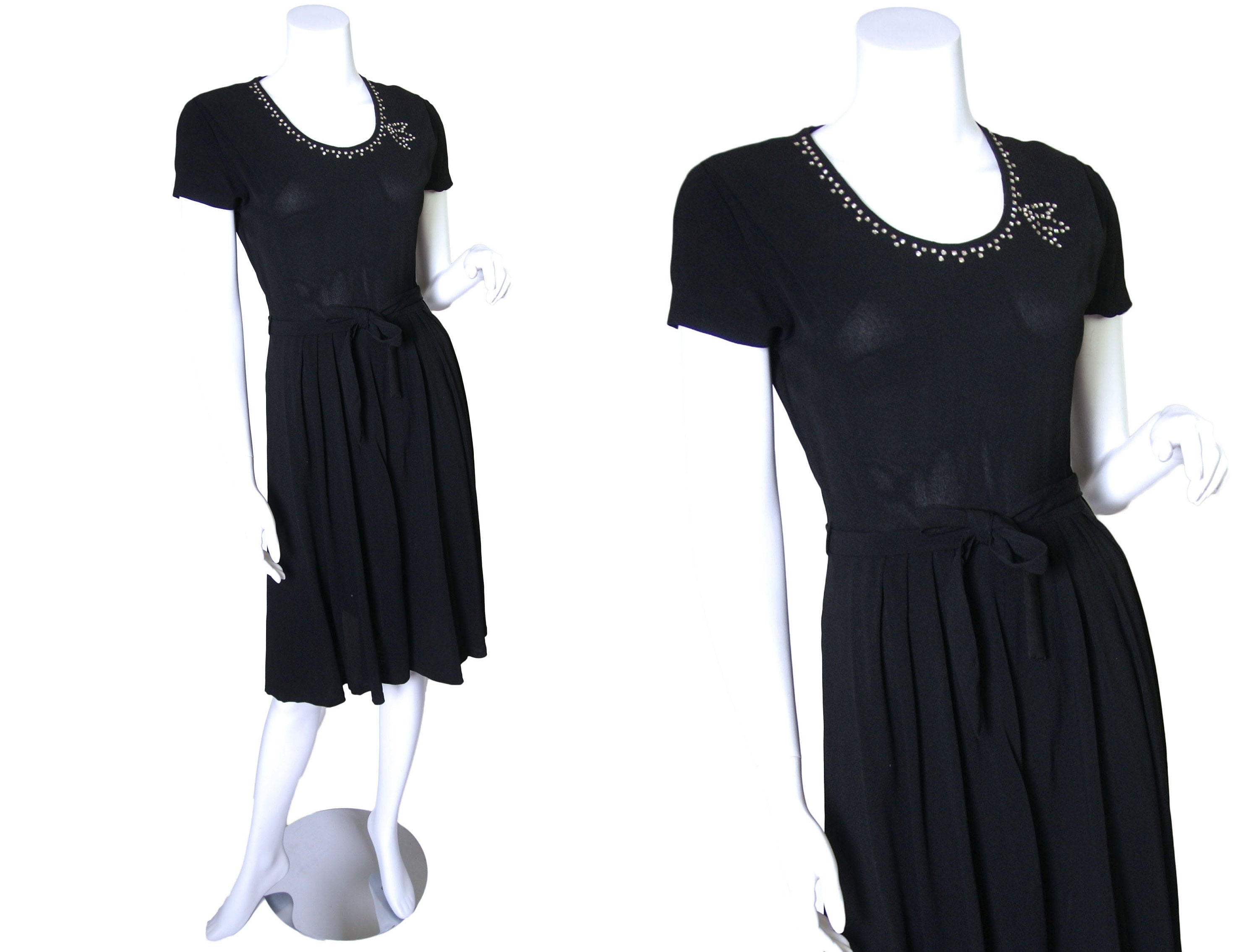 1940s Black Rayon Dress With Rhinestones - Etsy