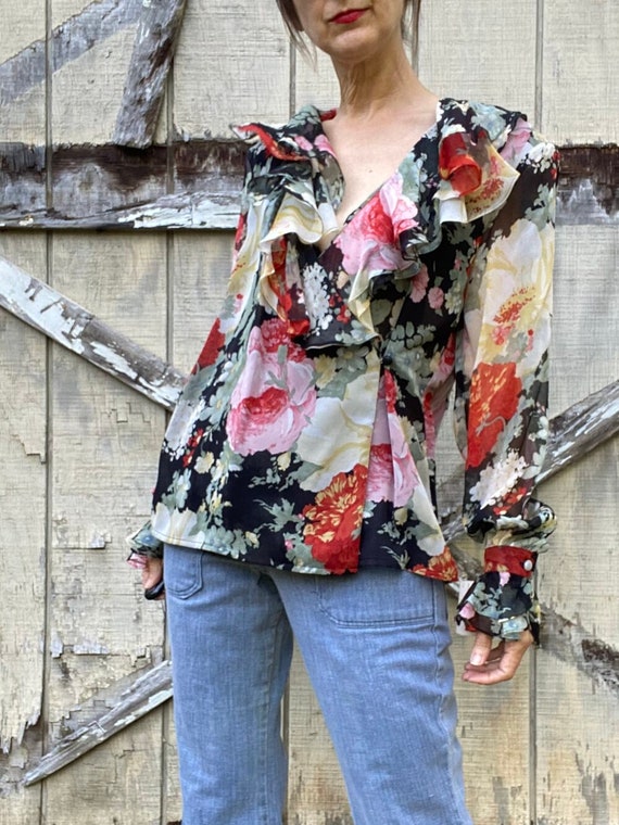 1980s Jerri Sherman Silk Chiffon Dark Floral Wrap… - image 7