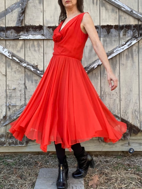 1970s Miss Elliette Red Chiffon Dress, Medium - image 4