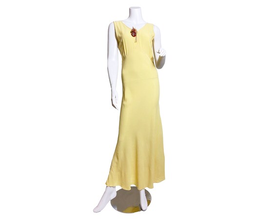 1930s Yellow Floral Rayon Bias Cut Slip Dress