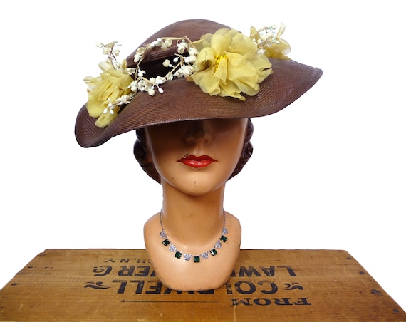 1940s Balibuntal Straw Tilt Hat with Flowers