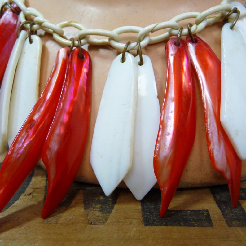 1930s Red and White Mother of Pearl Necklace on Celluloid Chain