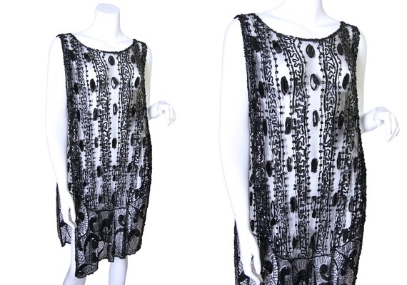 1920s Black Silk Mesh Beaded Tabard Dress w/ Sequi