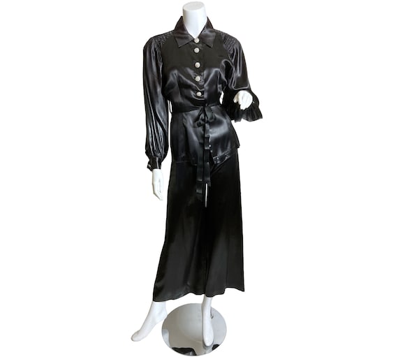 1940s Two Piece Black Satin Pant Set