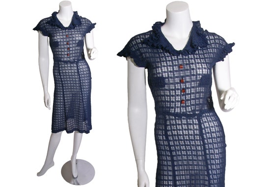 1930s Navy Blue Windowpane Plaid Dobby Weave Mesh